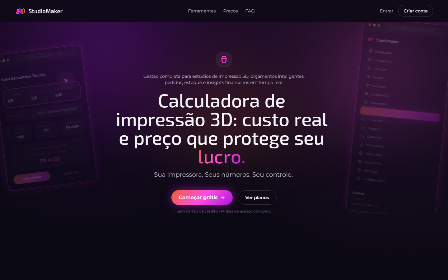Prévia do projeto StudioMaker — gestão para estúdios 3D